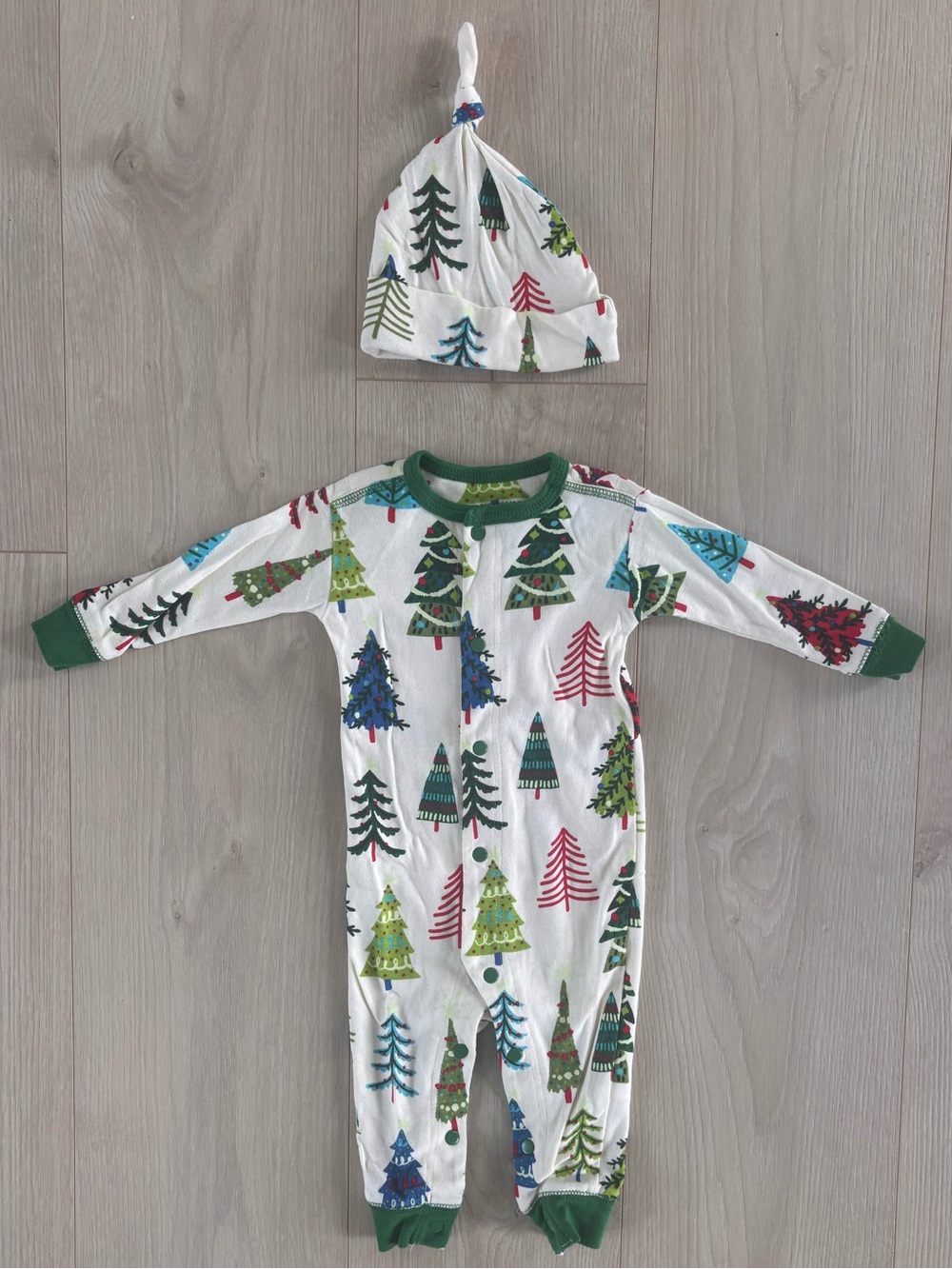 Holiday Tree Print Onesie Pajamas with matching Hat